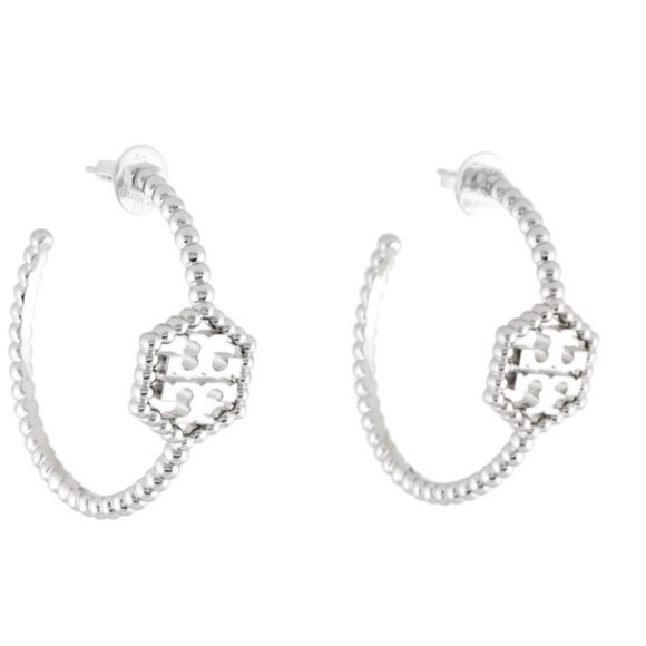 Tory Burch Silver Hexagon Logo Hoop Earrings - Picture 2 of 6